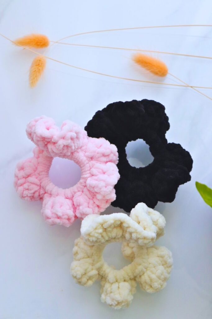 crochet velvet hair elastic scrunchies on a table